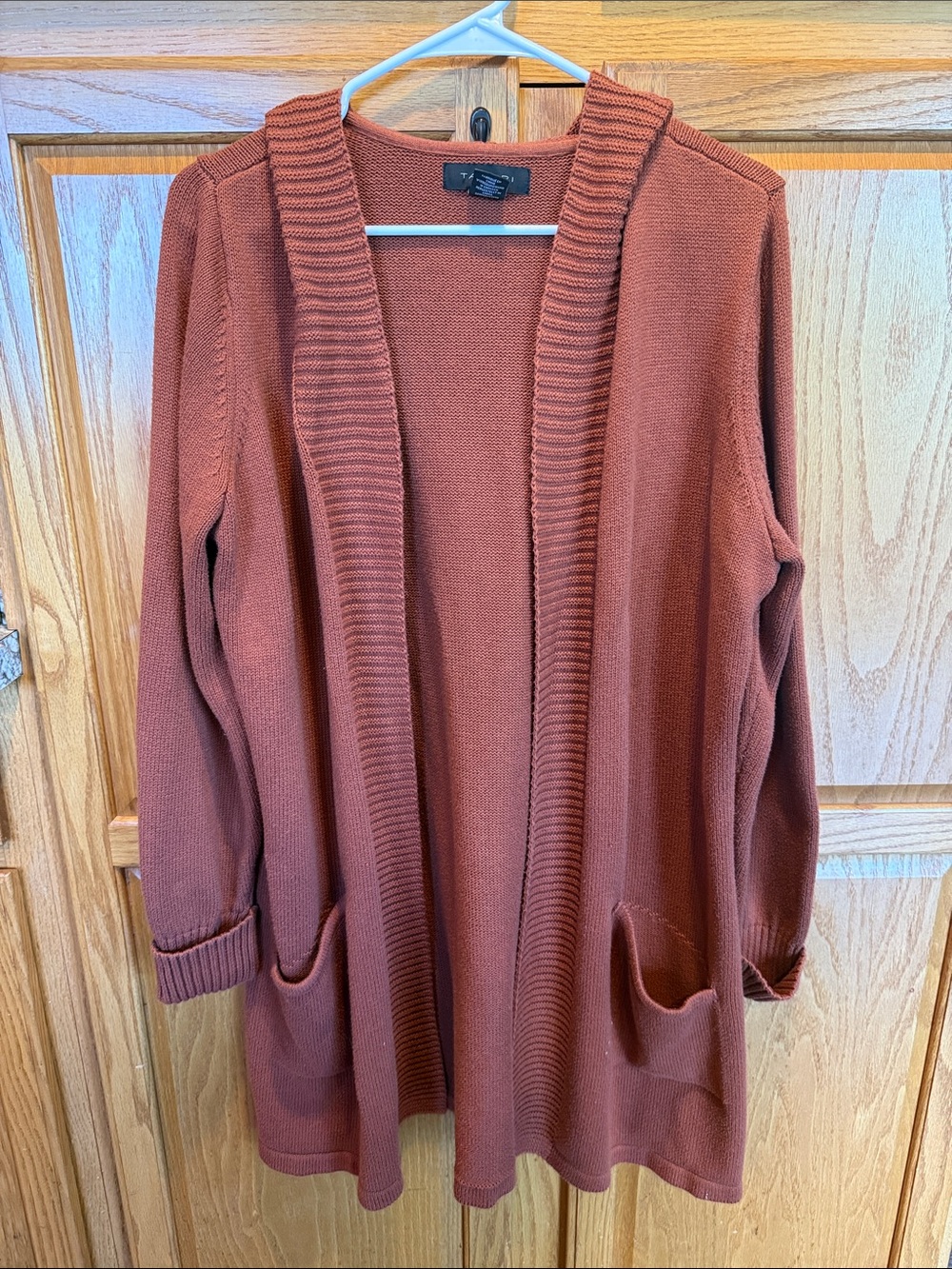 203 Tahari 1X Open Front Hooded Cardigan Sweater Rust Brown Cotton Blend Pockets - Picture 2 of 5